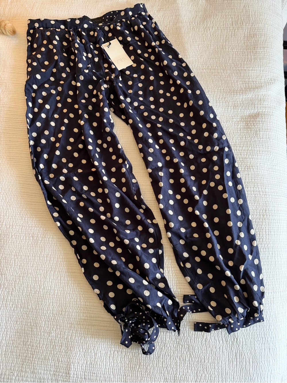 Kids Navy Polka Dot Tie-Hem Pants